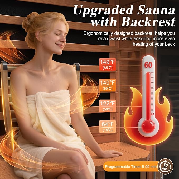 Upgraded 1 Person Sauna Infrared Sauna with Backrest, Hemlock Dry Sauna Indoor Wood Sauna for Home, 1062W 110V Red Light Far Infrared Sauna Low EMF with Integrated Speakers, Reading Lamp (Red)