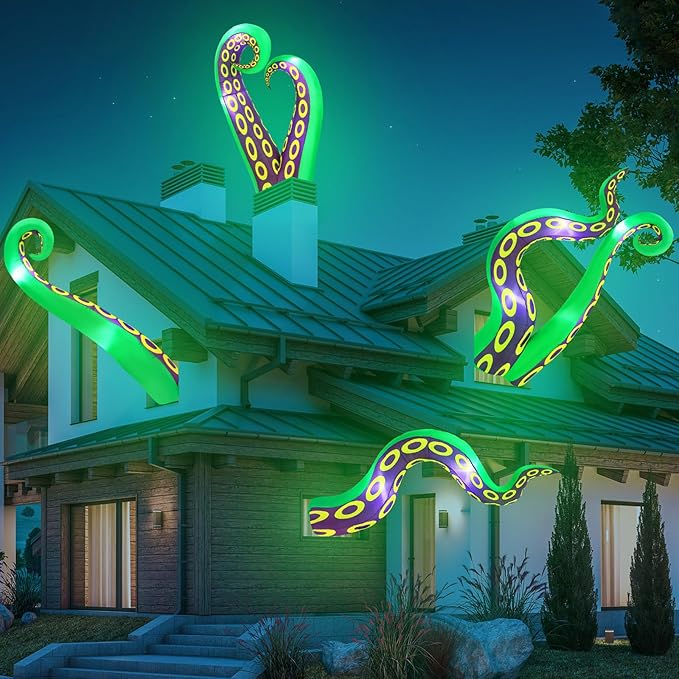 4 Pcs 6 FT Lighted Giant Inflatable Octopus Tentacles for House Trunk or Treat Blow up Halloween Car Decorations with Build in LED Lights for Window Door Roof Prop Outdoor