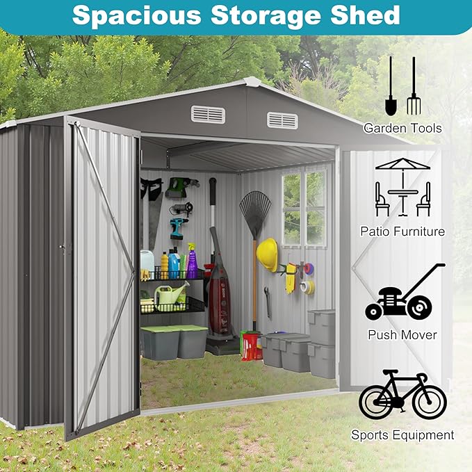 10x12 FT Outdoor Storage Shed, Large Metal Tool Shed with Peaked Roof and Lockable Door, Galvanized Steel Garden Shed with Clear Windows for Backyard Garden Patio Lawn, Gray