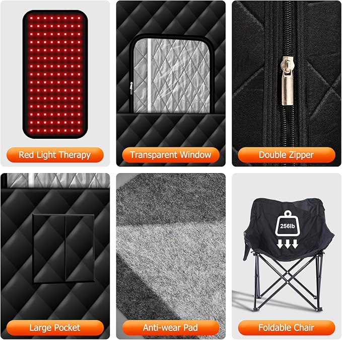 Portable Infrared Steam Sauna with 660nm Red Light Therapy Lamp, Full Size Saunas Tent with 3L Steamer, Personal Heat Box with Remote Control & Oversized Chair for Home/Gym/Pilates/Garage