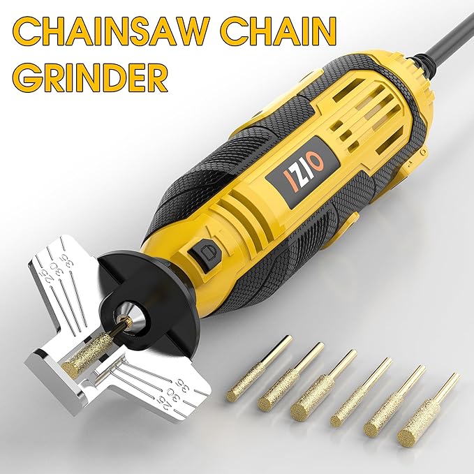 IZIO Yellow Professional Electric Chainsaw Sharpener Kit with 6 Grinding Heads &Precision Guide Plate – High-Efficiency Tool for Fast Blade Restoration,Compatible with All Chains(0.325" to 3/8" Pitch