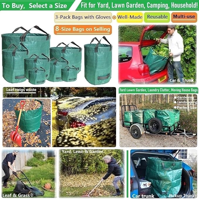 Professional 3-Pack 72 Gallons Yard Lawn Garden Bags (D26, H30 inches) with Coated Garden Gloves,Reusable Leaf Waste Bags,Patio Bags,Laundry Container,Gardening Trimmings Bag with 4 Handles