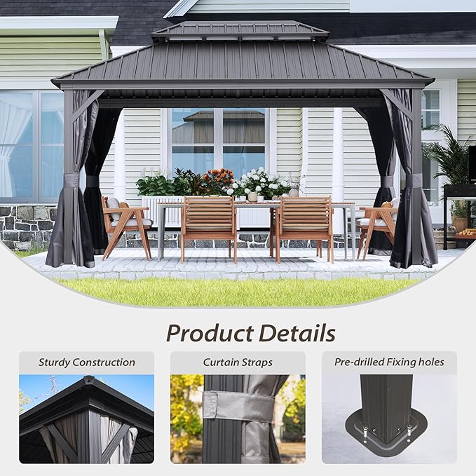 Domi 12’ X 16’ Hardtop Gazebo Canopy with Netting & Curtains, Outdoor Metal Gazebo with Galvanized Steel Double Roof for Patio Lawn and Garden, Gray