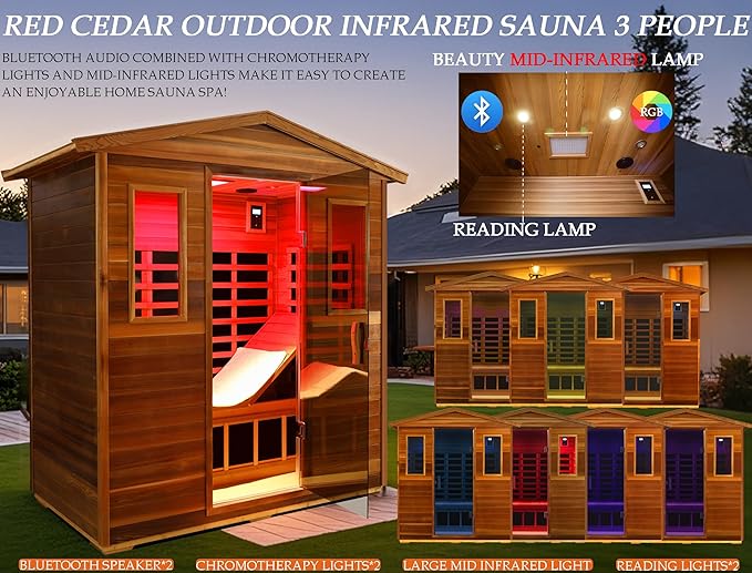 Red Cedar Ultra Low EMF Far Infrared Outdoor Sauna 3 Person with Ergonomic Seat, Mid-IR Beauty Lamp, 1950 W, 7 Infrared Carbon Plate Heaters, Chromotherapy Lamp, Reading Lamp, Bluetooth Speaker