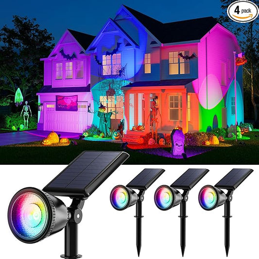 4 Pack Color Changing Solar Powered LED Spotlights Outdoor Waterproof Ultra Bright Sunset Spot Lights for Halloween Inflatable Decorations, Skeletons, Outside Landscape Uplights for Yard, Garden, Path