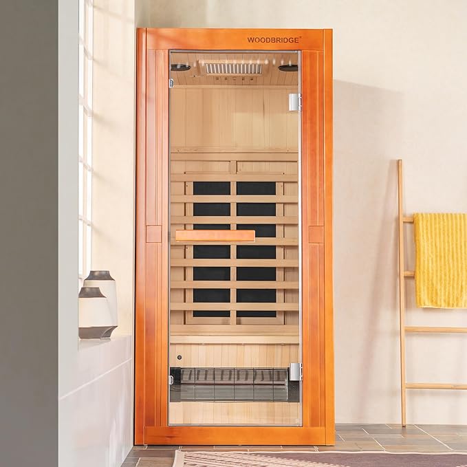 Woodbridge Infrared Home Sauna Room 1 Person Hemlock Wooden Indoor Sauna with 7 Carbon Heaters, Red Light Therapy, Bluetooth Speaker, Intelligent Control Panel, Tempered Glass & Top Vent