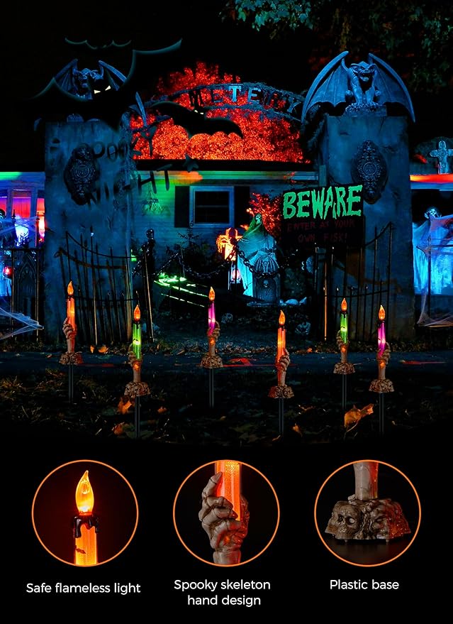 Halloween Decorations, 2 x 6 Pack Skeleton Hands Hold Lighted Candle Stakes, Waterproof Battery Operated Pathway Decor with Timer, Light Up for Tabletop Indoor Outdoor Party Lawn Yard Garden