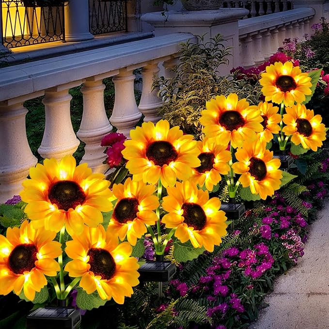 Solar Garden Lights Outdoor, 5 Pack Sunflower Lights with 15 Large Sunflower, Waterproof Garden Decor, Birthday Gifts for Mom Grandma, Decorative Solar Flowers for Pathway Patio Yard Fall Decorations