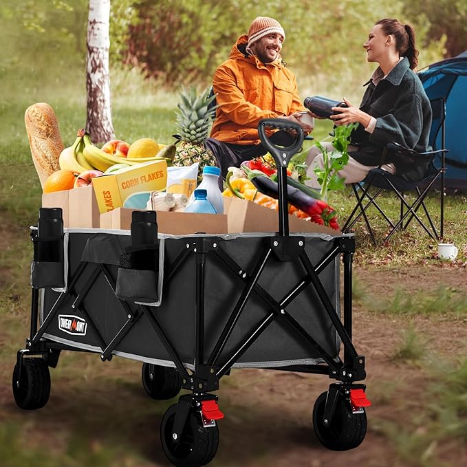 Overmont Collapsible Wagon Cart with Wheels - 180L Foldable Heavy Duty Wagon with Big All-Terrain Wheels - 330Lbs Weight Capacity with Side Pockets for Camping Sports Garden Grocery Shopping Black