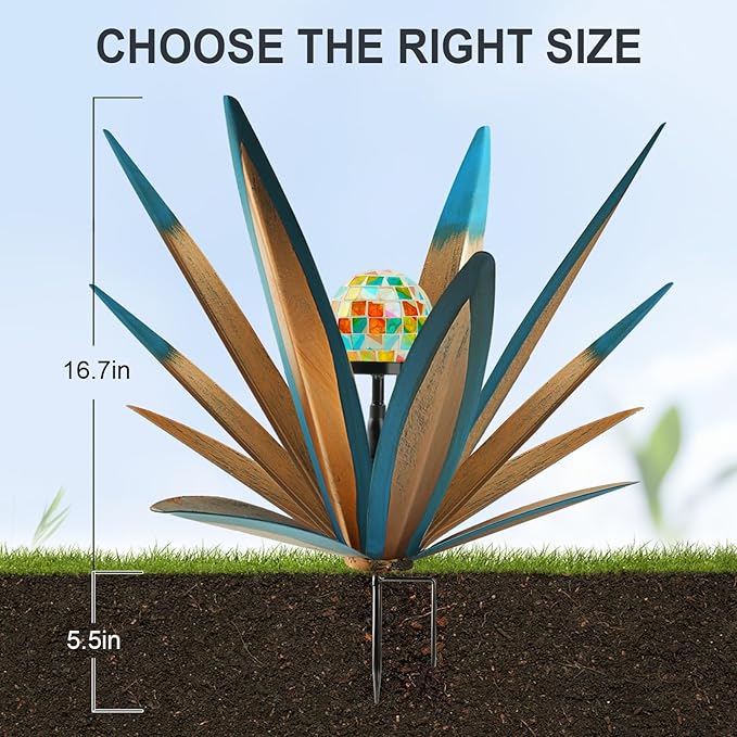 TOMBABY Solar Rustic Garden Style Metal Agave Plants Outdoor Patio, Home Decor Hand-Painted Metal Agave Garden Patio Statues, Suitable for Desert Areas, Outdoor Lawn Decorations (2 Solar Blue)