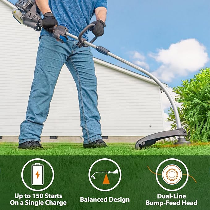 LawnMaster 25cc 2-Cycle Gas String Trimmer with No-Pull Electric Start 17-Inch Cutting Swath Multi-Attachment System 420mL Fuel Tank Lightweight Curved Shaft Design