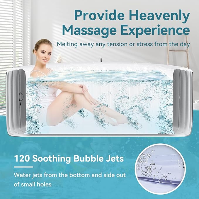 Round Inflatable Hot Tub, 2-4 Person Portable Blow up Hot Tub, Leak-Proof PVC Outdoor Spa with 120 Air Jets, Insulated Cover & Heater Pump, 71” X 71” X 25”