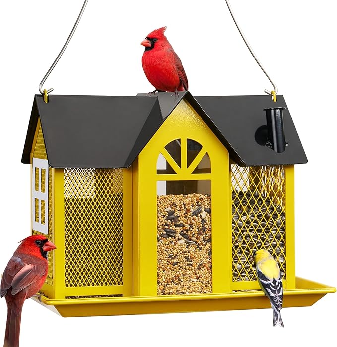 Kingsyard Bird Feeder House for Outside, Metal Mesh Wild Bird Feeder with Triple Feeders for Finch Cardinal Chickadee, Large Capacity, Weatherproof and Durable, Yellow