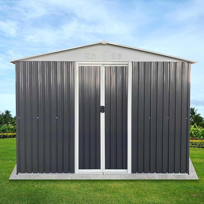 Ball & Cast 6x9 FT Outdoor Storage Shed, Metal Garden Sheds with Punched Vents and Sliding Door, Clearance Tool House with Aluminum Frames for Backyard Patio,Grey