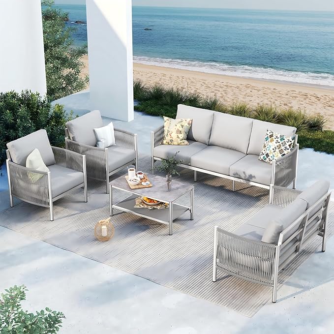 Aluminum Outdoor Patio Furniture Set, HDPE Rope 5 Piece Modern Sectional Conversation Sets with Dual-Layer Coffee Table, All Weather Patio Couch Sofa with Thick Cushions, Silver Frame, Silver