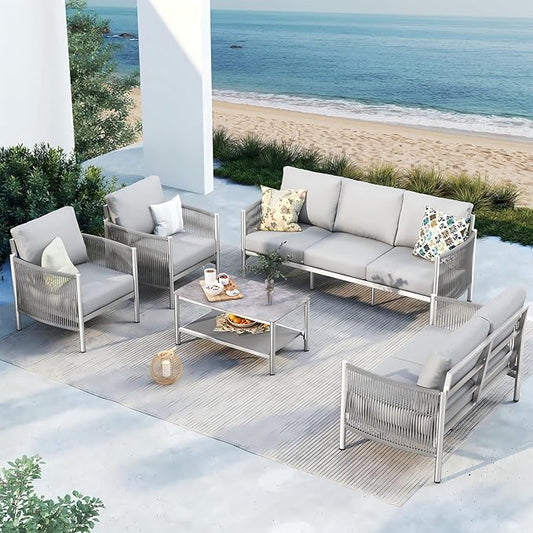 Aluminum Outdoor Patio Furniture Set, HDPE Rope 5 Piece Modern Sectional Conversation Sets with Dual-Layer Coffee Table, All Weather Patio Couch Sofa with Thick Cushions, Silver Frame, Silver
