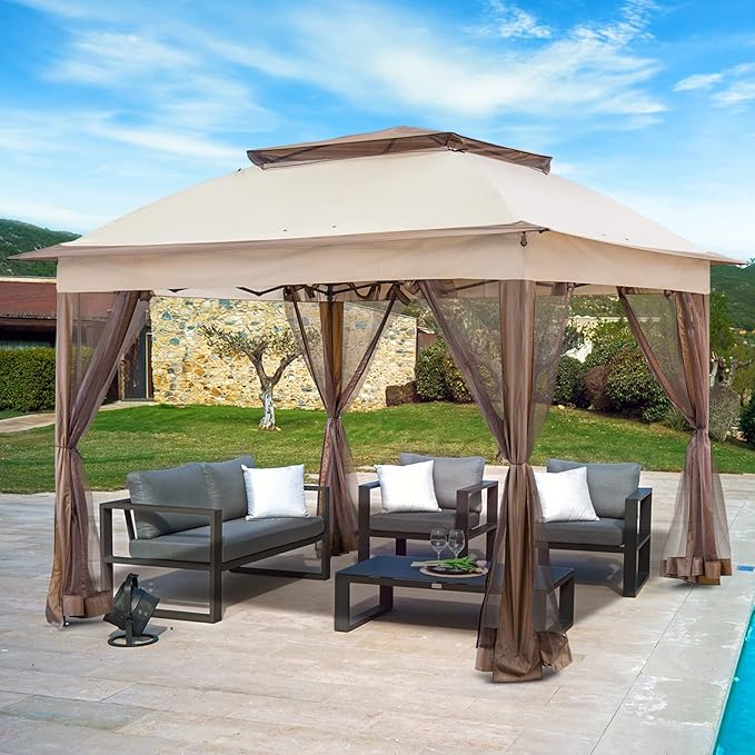 11x11 Outdoor Pop up Gazebo Tent with Mesh Walls for Patio, Lawn, Backyard and Deck, Beige