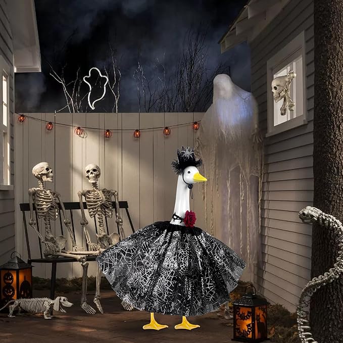 Halloween Porch Goose Outfits and Goose Clothes Fits 23" Plastic Cement Statues, Black Goose Outfit Costume with Rose Necklace for Outdoor Patio Yard Lawn Party