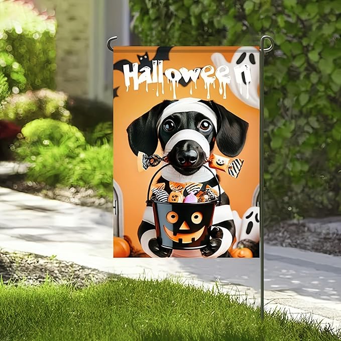 Halloween Garden Flags for Outside 12x18 Inch Double Sided Trick or Treat Dachshund Garden Flag Halloween Dog Skeleton Decorations Small Halloween Outdoor Yard Flag