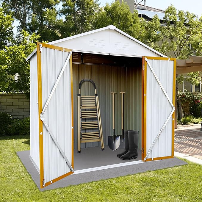 Favfurish 4x6 FT Outdoor Metal Storage Sheds with Apex Roof,Single-Storey Waterproof Roofed Structure Garden Shed w/Lockable Doors,for Lawn Equipment Tool Sundries,White+Yellow