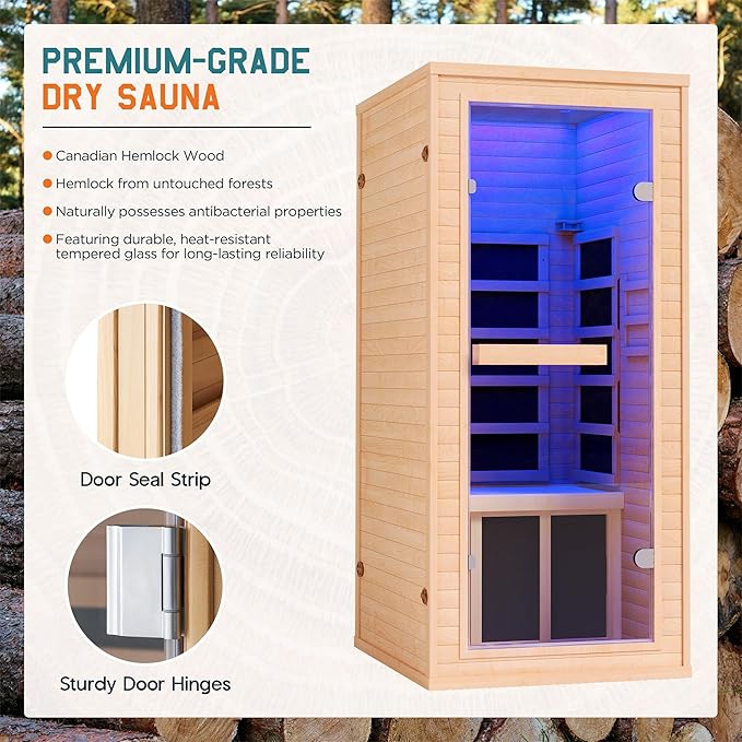 Albott Infrared Sauna 1 Person, Infrared Saunas for Home, 930W/110V Hemlock Wood Dry Sauna with Tourmaline Stone Foot Warmer, 7-Color Light Therapy & 2 Bluetooth Speakers, 27.2"x32.3"x61"