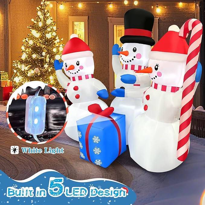 2025 Christamas Inflatable Snowman 6FT 3 Snowmen with Gift Box Christamas Inflatables Outdoor Decoration Xmas Snowman Blow Up Decor with Built-in 7 LED for Holiday Party Yard Garden Lawn