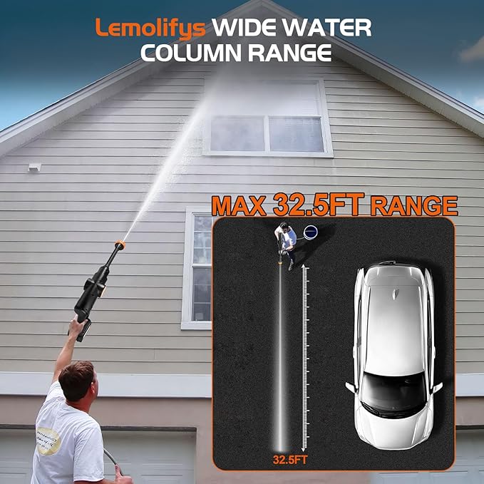 Lemolify 6000mAh Battery Pressure Washer, Electric Power Washer Cordless, Portable Car Pressure Washer Handheld with 6-in-1 Nozzle,17FT Drain Hose, Power Cleaner for Patio Floor Fence Deck,2 Battery