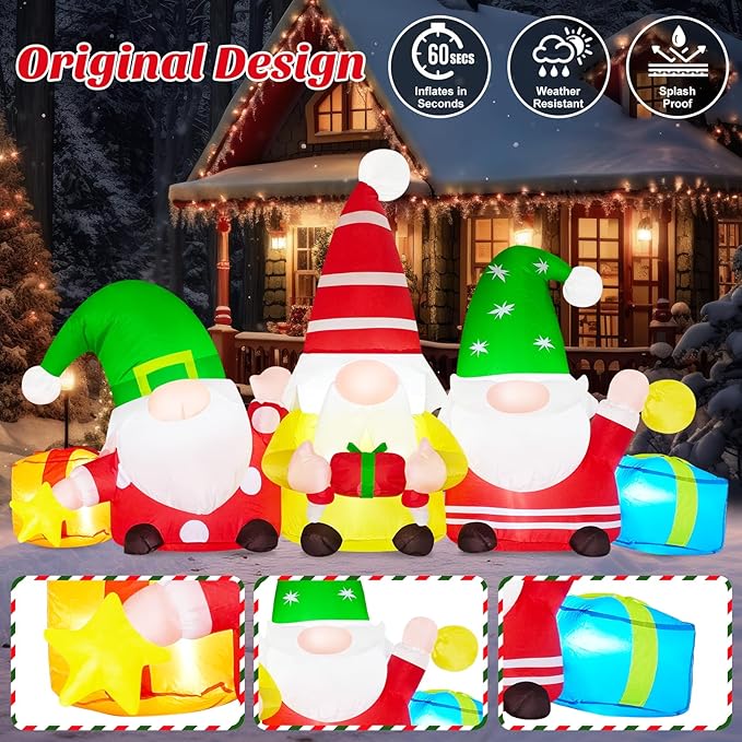 Danxilu 6 FT Christmas Inflatable 3 Gnomes Outdoor Decoration Blow Up Gnomes with Gift Boxes & Star Built-in LEDs Christmas Inflatable Yard Decorations for Outside Holiday Patio Garden Party