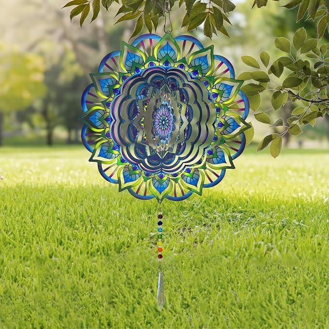 Mandala Wind Spinners Outdoor with Gazing Ball Spiral Tail, Marzovitra Stainless Steel 3D Kinetic 10 Inch Garden Decor for Patio, Home or Yard Decorations Outdoor Hanging Yard Art Metal Wind Sculpture