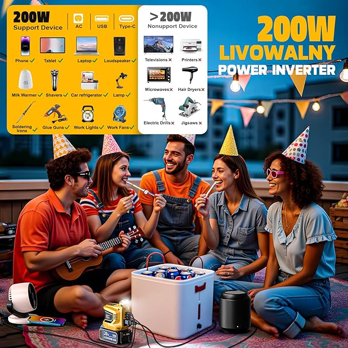 Real 200W Power Inverter Compatible with Dewalt 20V Max, Battery Inverter DC 20V to AC 110V-120V, LIVOWALNY Power Adapter with a 5AH Battery & a Charging Station & 2 USB-A & 1 Type-C & 1 AC Outlet