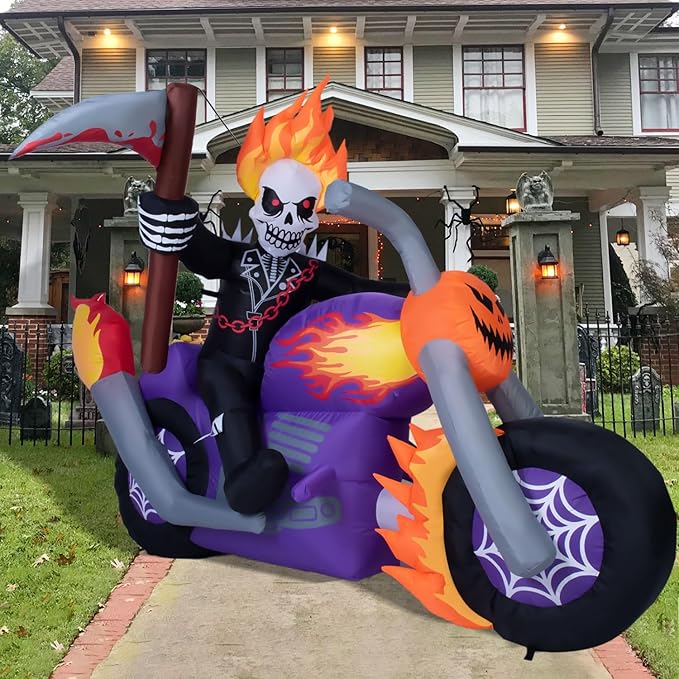 6 FT Halloween Inflatable Grim Reaper Motorcycle Rider Scary Halloween Blow Up Outdoor Decorations Grim Reaper Riding on Motorbike with Built-in LEDs Garden Blow up Yard Decor