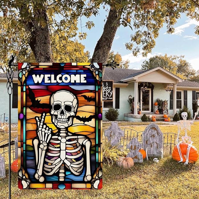 Welcome Skeleton Garden Flag Halloween Stained Glass Style Holiday Garden Flag Vertical Double Sided Rustic Farmland Burlap Yard Lawn Outdoor Decor 12.5x18"