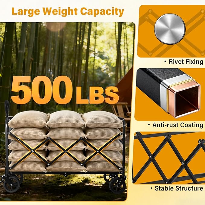 Yobller Wagons Carts Foldable,Large Capacity Foldable Wagon Cart Collapsible Wagon with Wheels & Drink Holders,Utility Folding Cart for Camping Garden Grocery Shopping