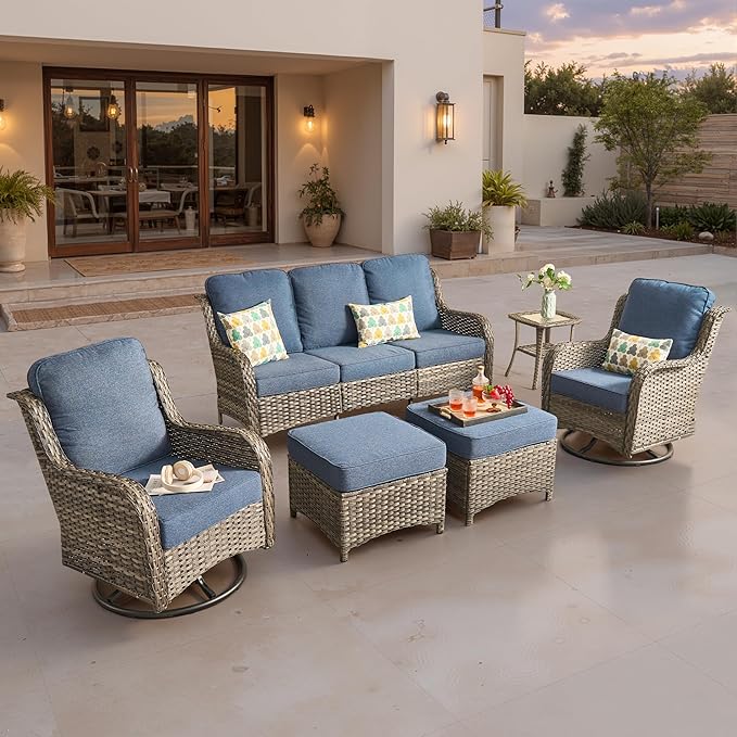ovios 6 Pieces Patio Furniture Set, Outdoor Wicker Sofa Couch with Swivel Chairs Ottomans Comfy Cushions, High Back All Weather Modern Conversation Sets, Grey Rattan, Denim Blue