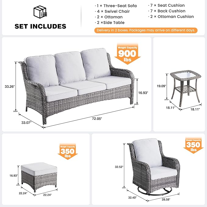 ovios 9 Pieces Patio Furniture Set, Outdoor Wicker Sofa Couch with Swivel Chairs Ottomans Comfy Cushions, High Back All Weather Modern Conversation Sets, Grey Rattan, Grey