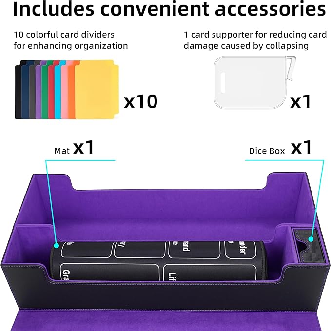 AFIING Mtg Deck Box Holds 5 Display Card Deck Boxes with Mtg Playmat & Dice Box,10 Dividers,1Card supporter, Trading Card Storage Box for Magic Yugioh Sports Cards (Black &Purple)