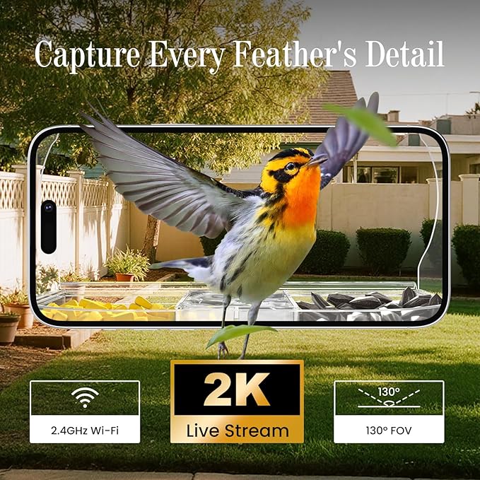 Freesason Smart Bird Feeder with Camera & AI Bird Identifier, 2K HD Auto-Capture Video, Window Mounted with Strong Suction Cups, Unique Tech Gift for Birds Watchers (Clear)