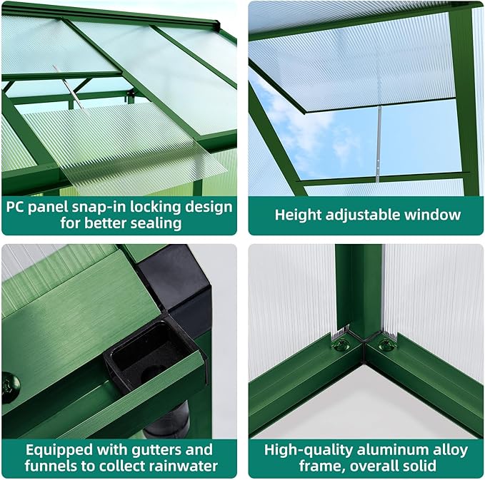 6x8 FT Greenhouse for Outdoors, Aluminum Greenhouse with Quick Setup Structure and Roof Vent, Polycarbonate Greenhouses Heavy Duty, Large Walk-in Green House for Winter Garden, Backyard, Patio, Lawn