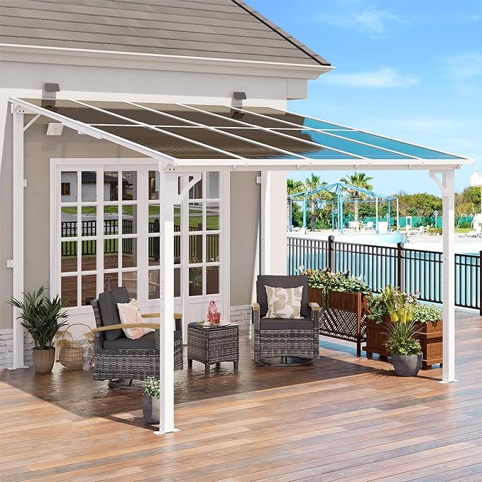 MEISSALIVVE 10' x 10' Wall Mounted Lean to Metal Awning with Sloped Roof, Outdoor Patio Gazebo Awning for Backyard, Deck, White