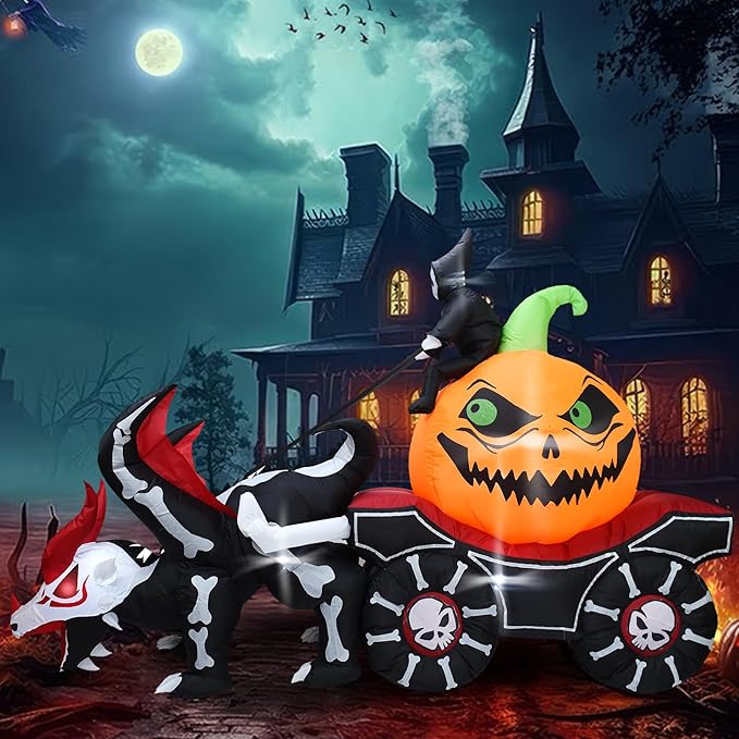 DearSun 9FT L Halloween Inflatable Carriage, Grim Reaper Sits on Pumpkin and Drives Skeleton Dragon Carriage with Build-in LED Lights, Blow up Halloween Inflatable Outdoor Decorations
