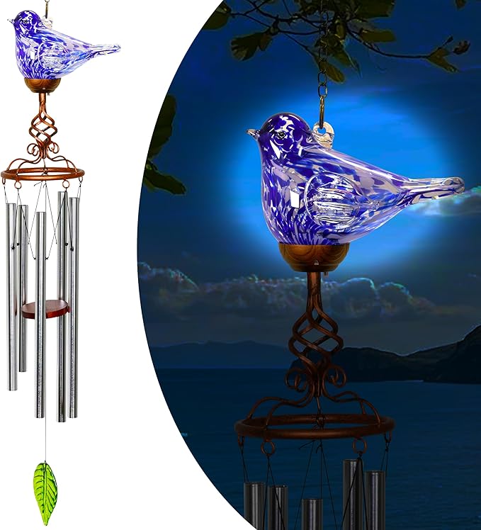 Wind Chimes, Solar Glass Bird Shape, LED, Outdoor Lawn and Patio Glass and Metal Decoration, 7 x 4 x 44 Inches (Dark Blue)