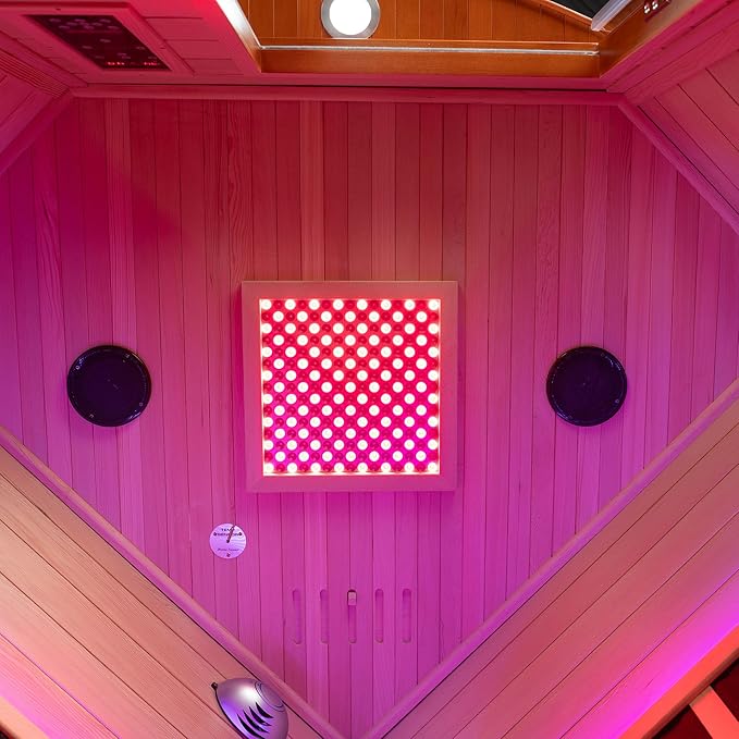 Woodbridge Infrared Sauna Room 2 Person Hemlock Wood Indoor Corner Sauna with 7 Carbon Heaters, Red Light Therapy,Bluetooth Speaker,Intelligent Dual Control System,Tempered Glass,Exterior Brim Light