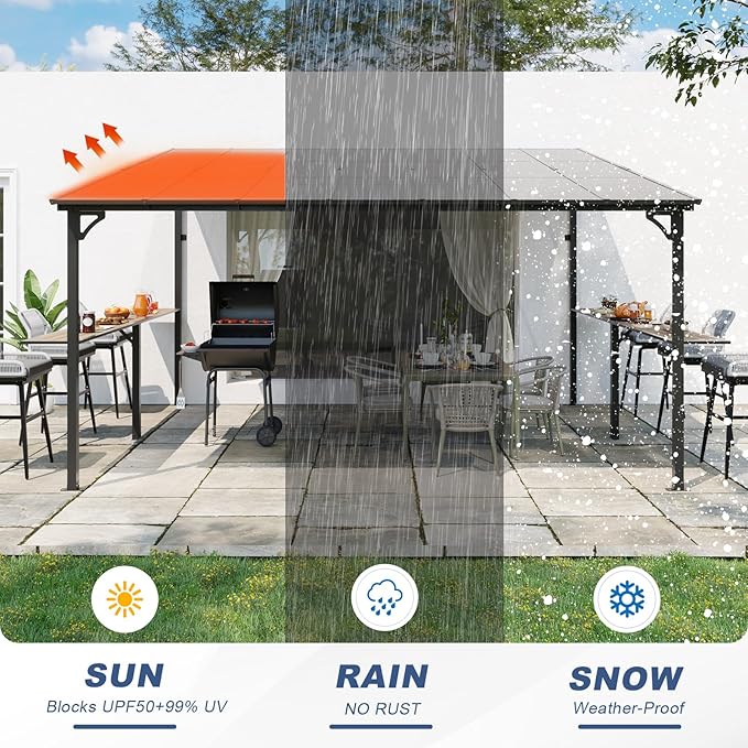 MEISSALIVVE 12' x 14' Wall Mounted Gazebo, Outdoor BBQ Grill Gazebo with Side Shelf, Lean to Metal Awnings with Sloped Roof, Heavy Duty Pergola for Backyard, Deck, Black