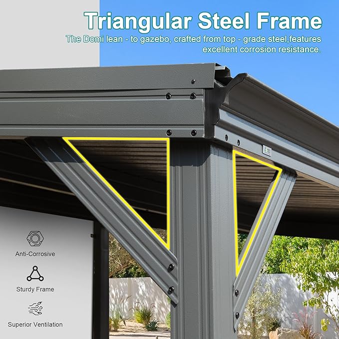 Domi 10’x10’ Lean-to Gazebo, Hardtop Wall-Mounted Gazebo Pergola with Sloping Galvanized Steel Roof and Upgraded Drainage System, Outdoor Permanent Metal Shelters for Patio Backyard Deck, Grey