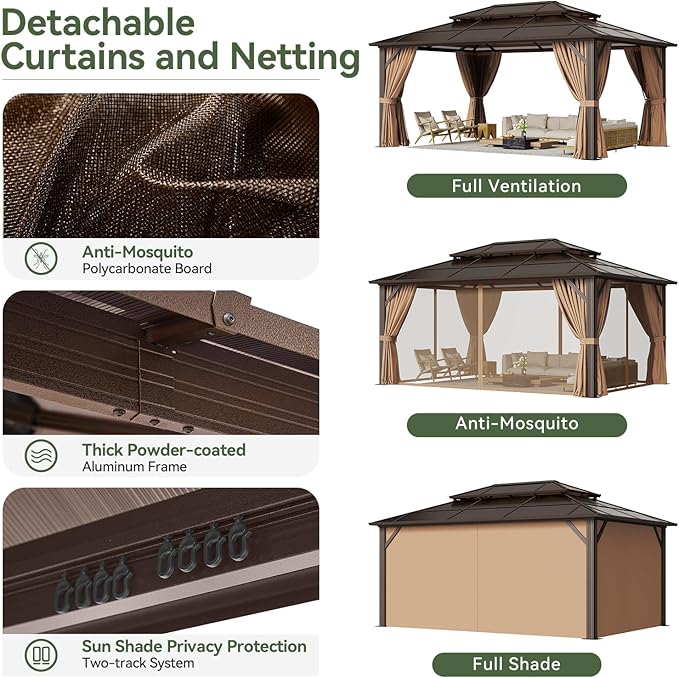 Aoxun 12'x16' Hardtop Gazebo, Aluminum Frame Permanent Pavilion with Curtains and Netting, Outdoor Polycarbonate Double Roof Canopy, and LED Outdoor Waterproof Hanging Lights