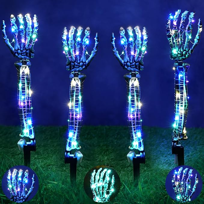 Halloween Lighted Skeleton Hands Set, 4 Pack Light Up Skeleton Arm Stakes, 4 x 3m 240 LED Green & Coloured Lights with 3 Modes, Realistic Halloween Yard Outdoor Decorations Graveyard Garden
