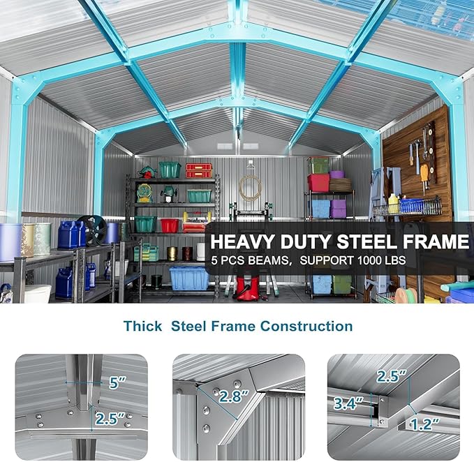 10x16 FT Metal Outdoor Shed with Floor, Large Waterproof Garden Sheds with Dual Transparent Panels,Skyview Windows Air Vent Reinforced Frame Tool Shed for Backyard, Garden, Patio,Dark Grey
