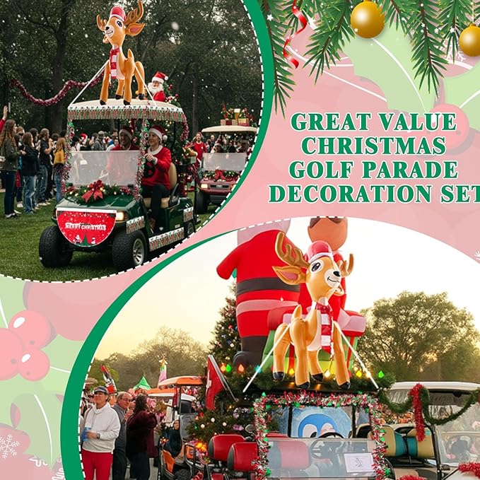 Hungdao 9 Pcs Christmas Golf Cart Parade Decorations Include 1 Pcs 4 Feet Inflatable Giant Reindeer with Bunting Flag Tinsel Garland for Christmas Car Yard Party Decoration