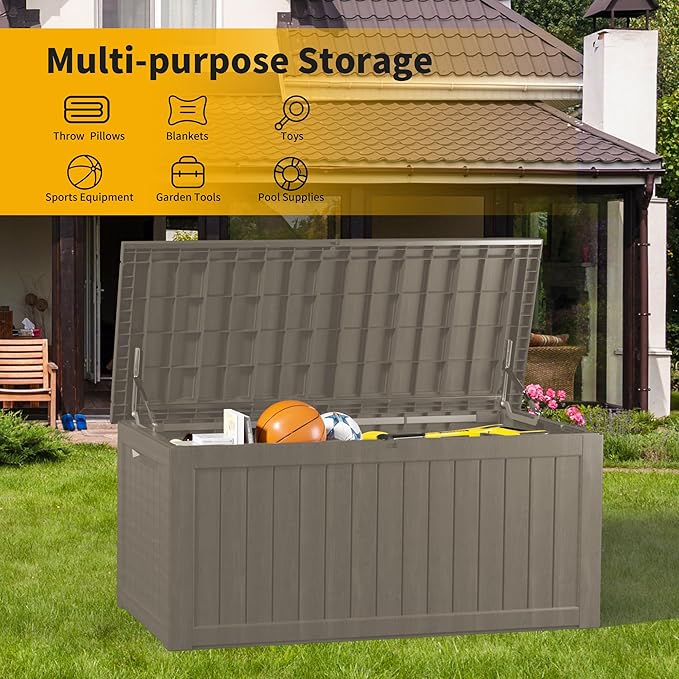 270 Gallon Deck Box, Resin Outdoor Indoor Waterproof Storage Box, Lockable Storage Box With Handle for Patio Furniture - Garden Tools - Swimming Pool Tools UV-Resistant, Grey