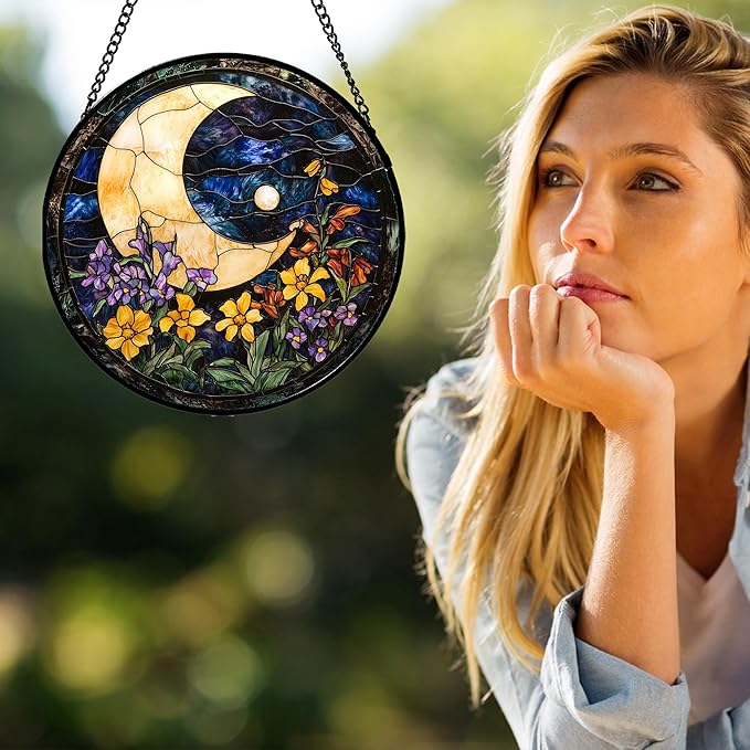 Stained Glass Window Hanging - Blue Night Sky Moon Suncatcher for Door Terrace Garden Home Decor Wildflowers Sun Catcher Birthday Gifts for Lovers Women Men Dad Mom Nana 9.8 in